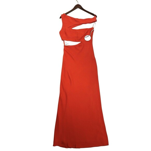 STAUD Prismatic Dress with cut-out Side Slit Off Shoulder Papaya Orange Size 6 - Picture 4 of 14